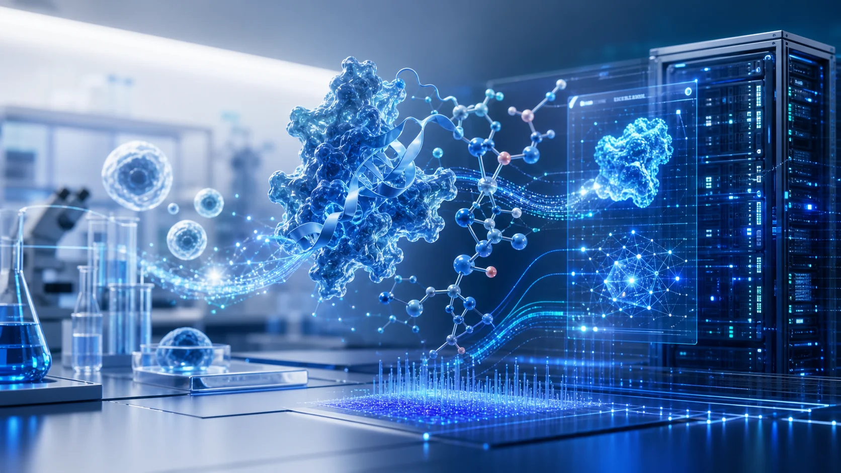 生命科学实验、分子研究、科研数据与智能计算协同概念图