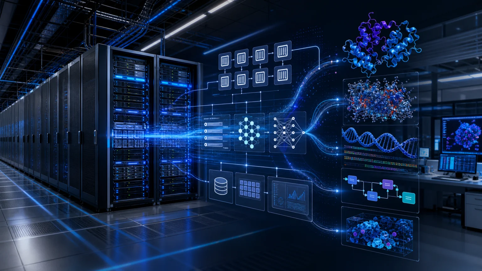 GPU 与 HPC 算力集群连接蛋白质结构、分子模拟、基因组分析和模型训练推理工作流的概念图