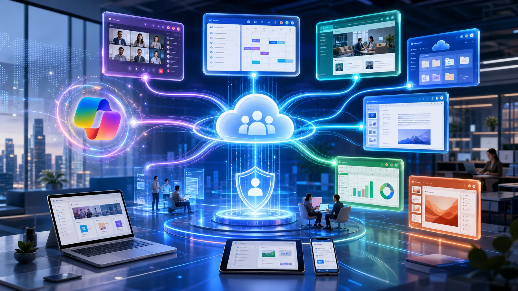 Teams、Outlook、SharePoint、OneDrive、Word、Excel、PowerPoint 与 Copilot 等 Microsoft 365 产品协同工作的概念图